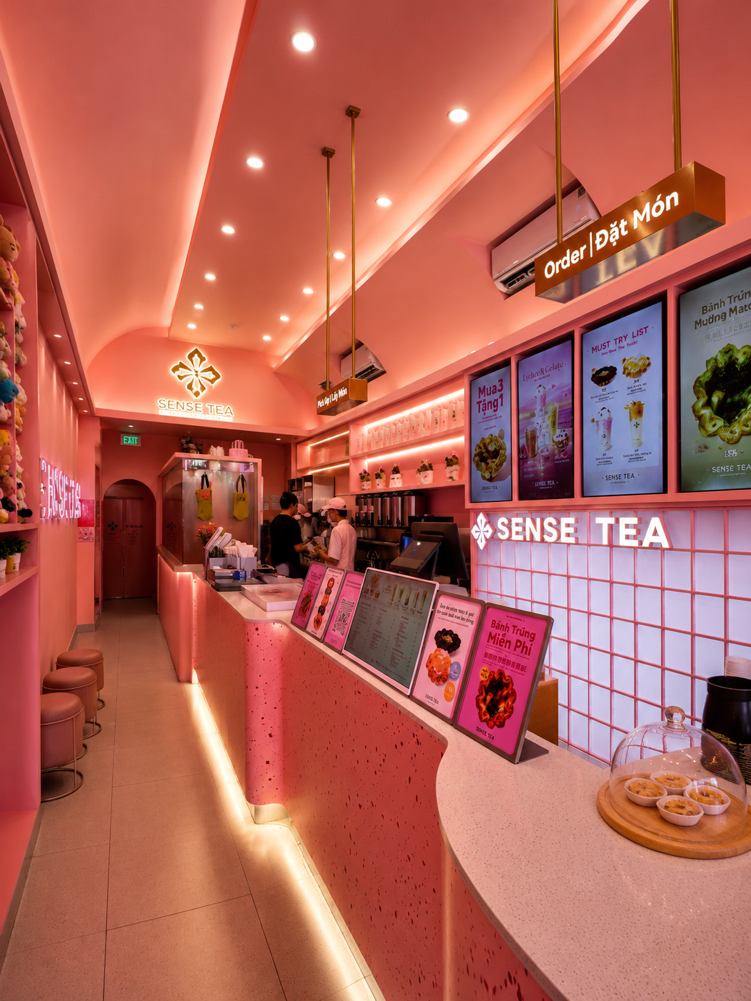 Monochrome Pink Tea Bar Interior - Sense Tea Saigon