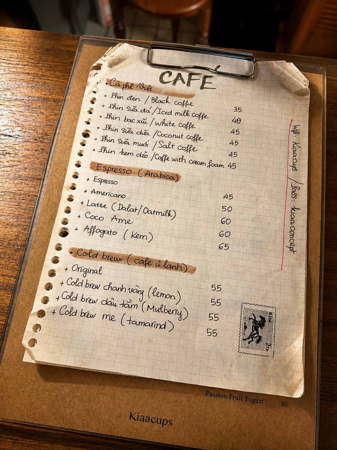 Handwritten Grid-Paper Coffee Menu – Kiaacups Saigon