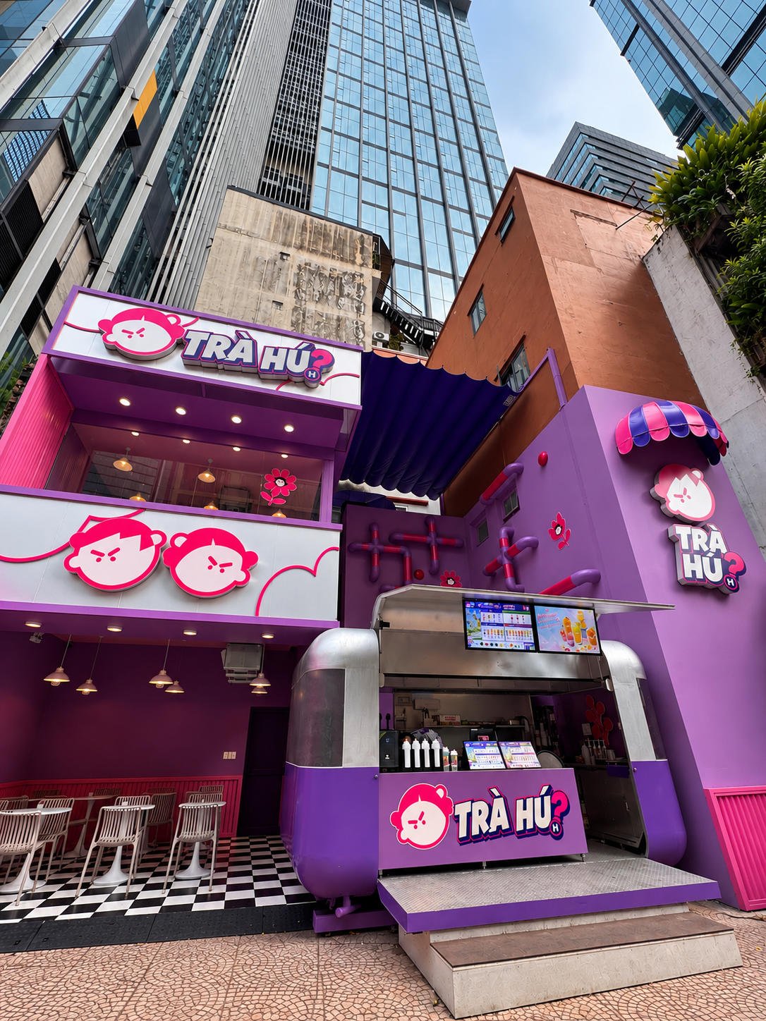 Purple & Pink Bubble Tea Shop Exterior with Open Street Counter - Trà Hử? Saigon