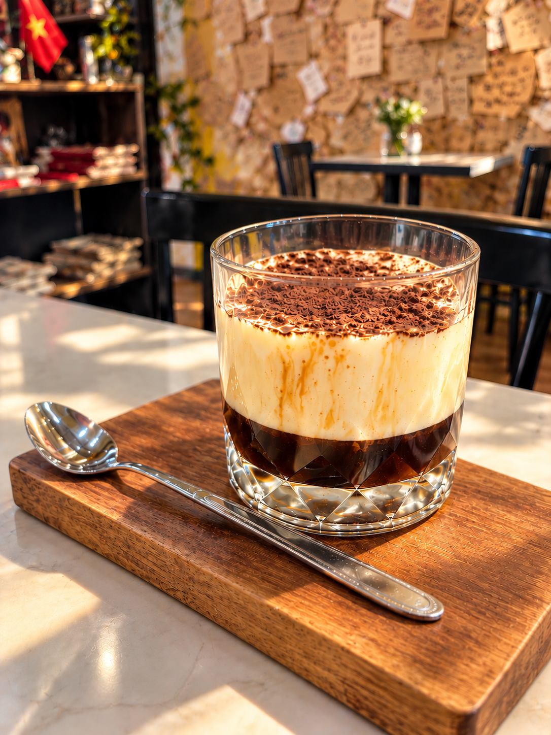 Vietnamese Egg Coffee Served on a Wooden Board - Madam Quyên Saigon