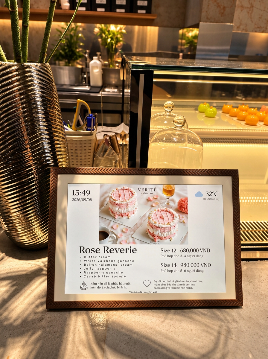 Digital menu display on pastry counter - Vérité Saigon